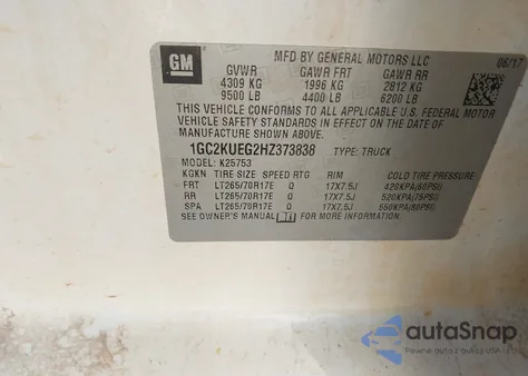 2017 Chevrolet Silverado 2500Hd Wt z USA, uszkodzony, nr VIN 1GC2KUEG2HZ373838